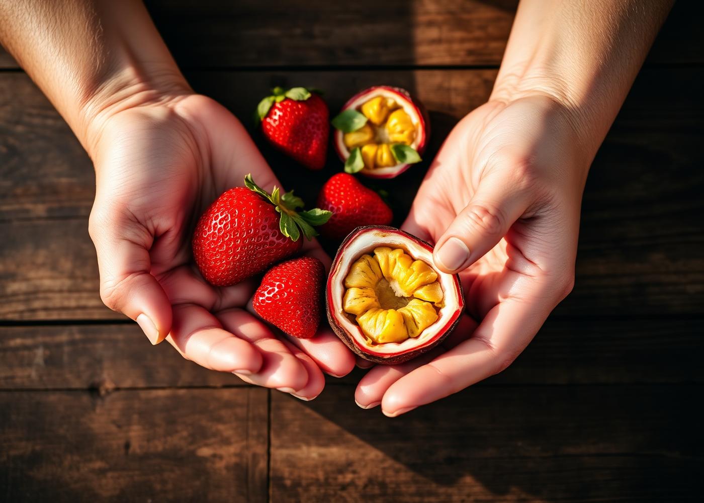 Mãos segurando frutas frescas sobre uma superfície de madeira